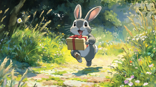 A rabbit running with a gift in hand