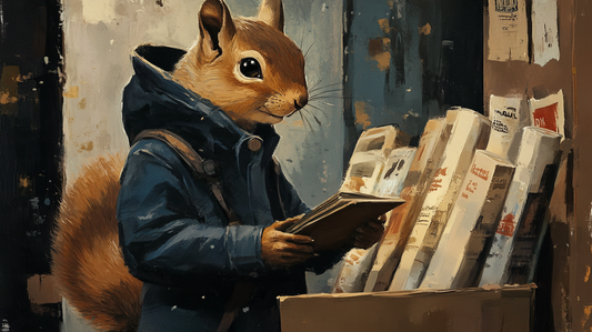 Painting of a squirrel looking a a bunch of rolled posters in a box