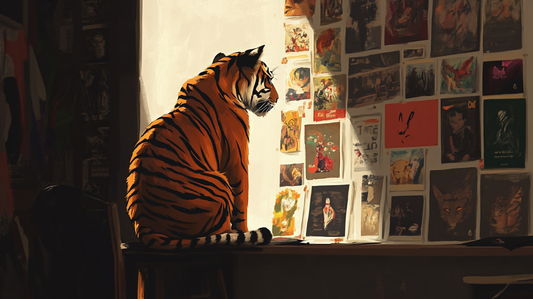 A tiger looking at posters on the wall