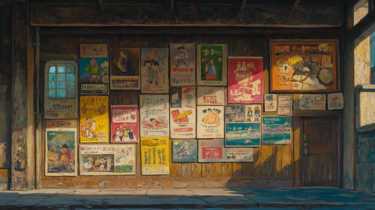 Painting of a bunch of posters on the wall
