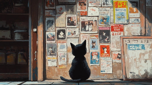 painting of a black cat looking at a wall of posters