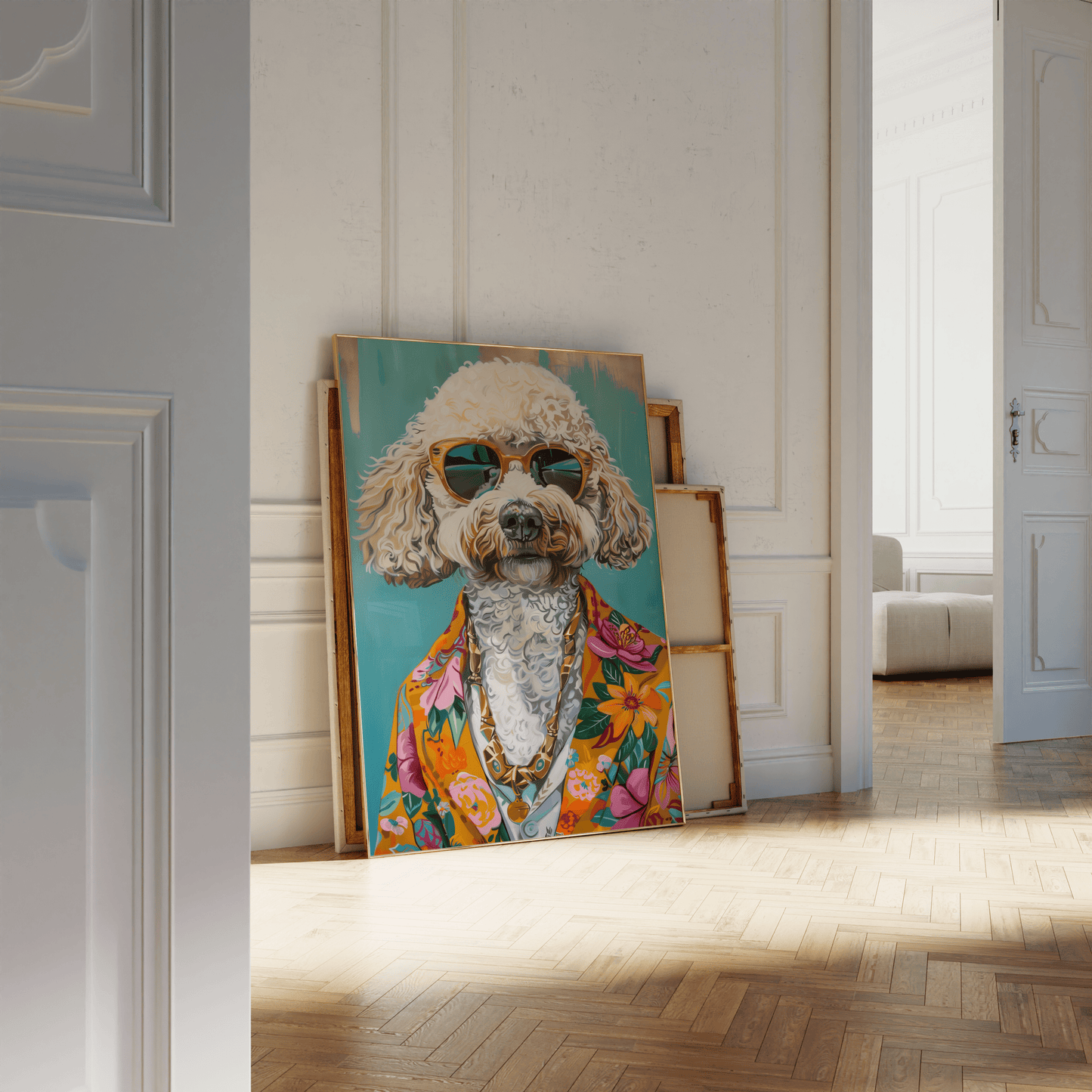Paw Prints retro Poodle Dog with sunglasses and a Hawaiian shirt framed poster, leaning against a white bathroom wall.
