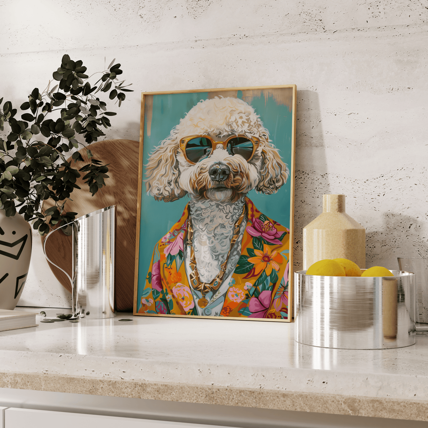 Paw Prints retro Poodle Dog with sunglasses and a Hawaiian shirt framed poster, leaning against the kitchen counter.