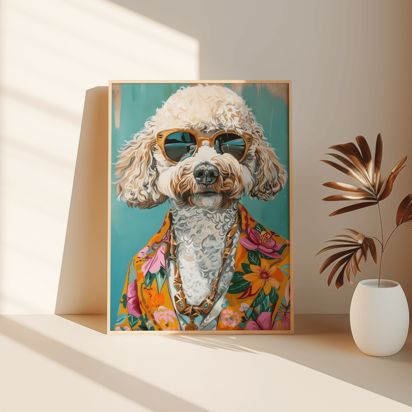 Paw Prints retro Poodle Dog with sunglasses and a Hawaiian shirt framed poster, leaning against the bedroom floor.