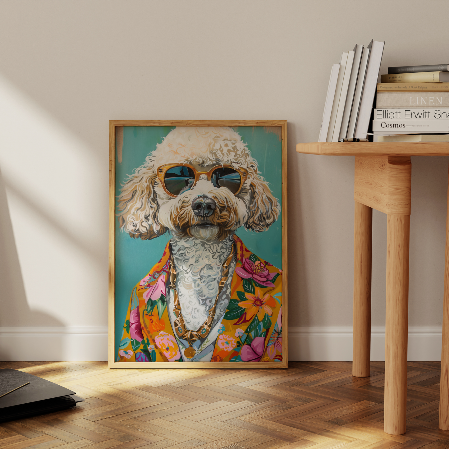 Paw Prints retro Poodle Dog with sunglasses and a Hawaiian shirt framed poster, leaning against the office floor.
