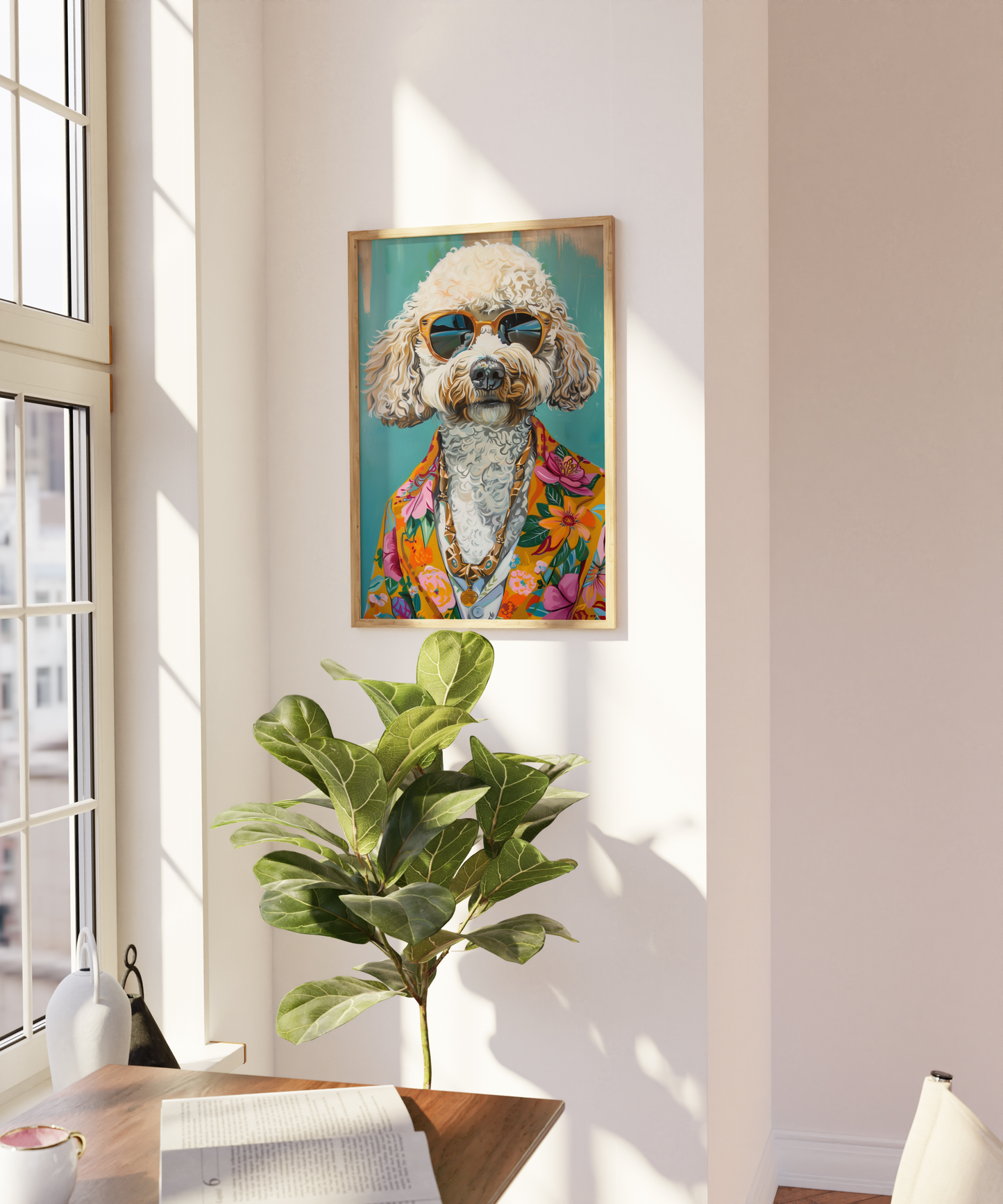 Paw Prints retro Poodle Dog with sunglasses and a Hawaiian shirt framed poster, on a blank wall.