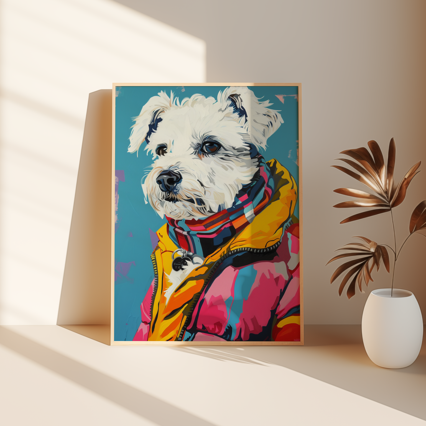 Paw Prints retro Maltese Dog wearing vintage New York puffer jacket framed poster, leaning against the bedroom floor.