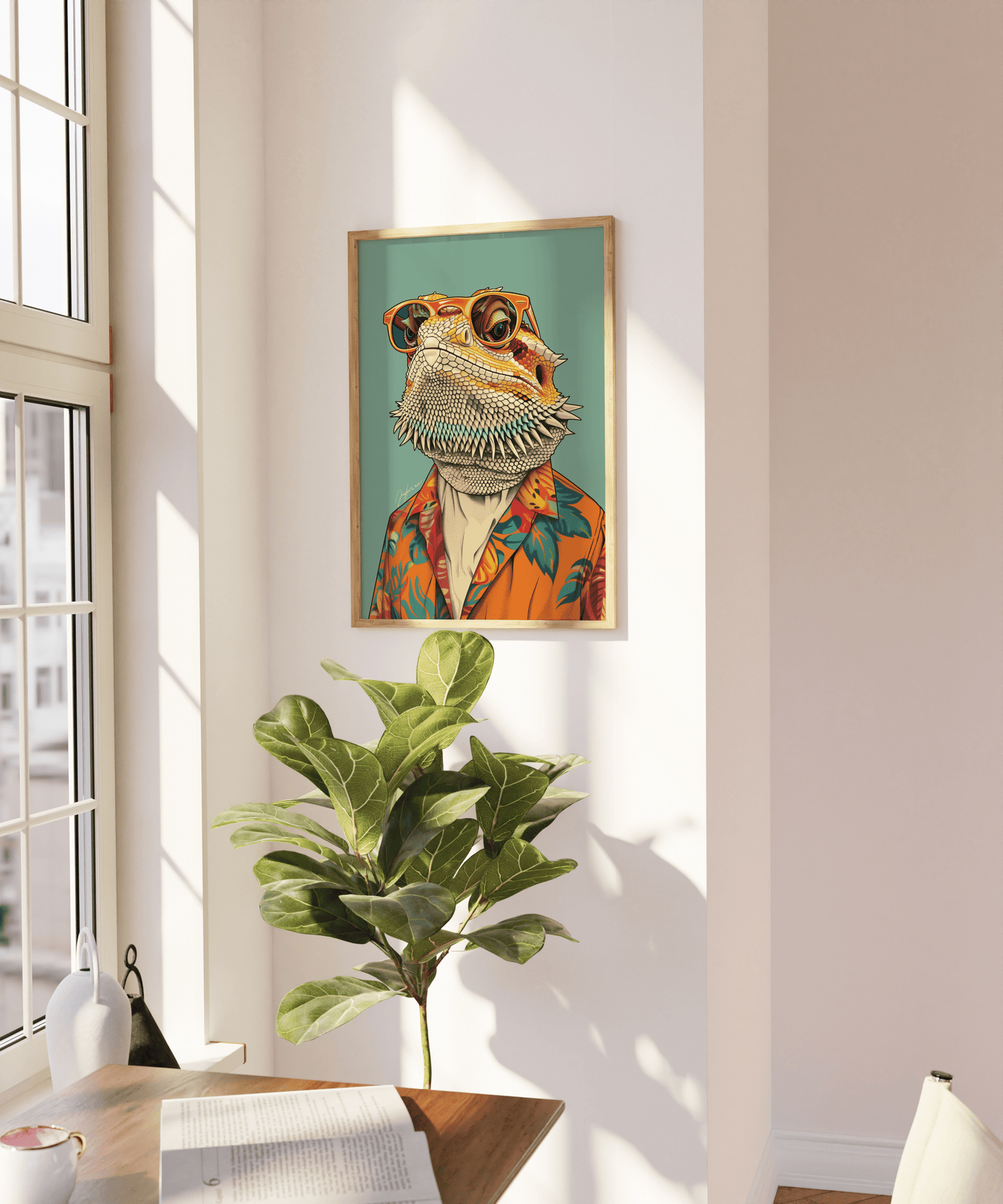Paw Prints retro Bearded Dragon with sunglasses and a Hawaiian shirt framed poster, on a blank wall.