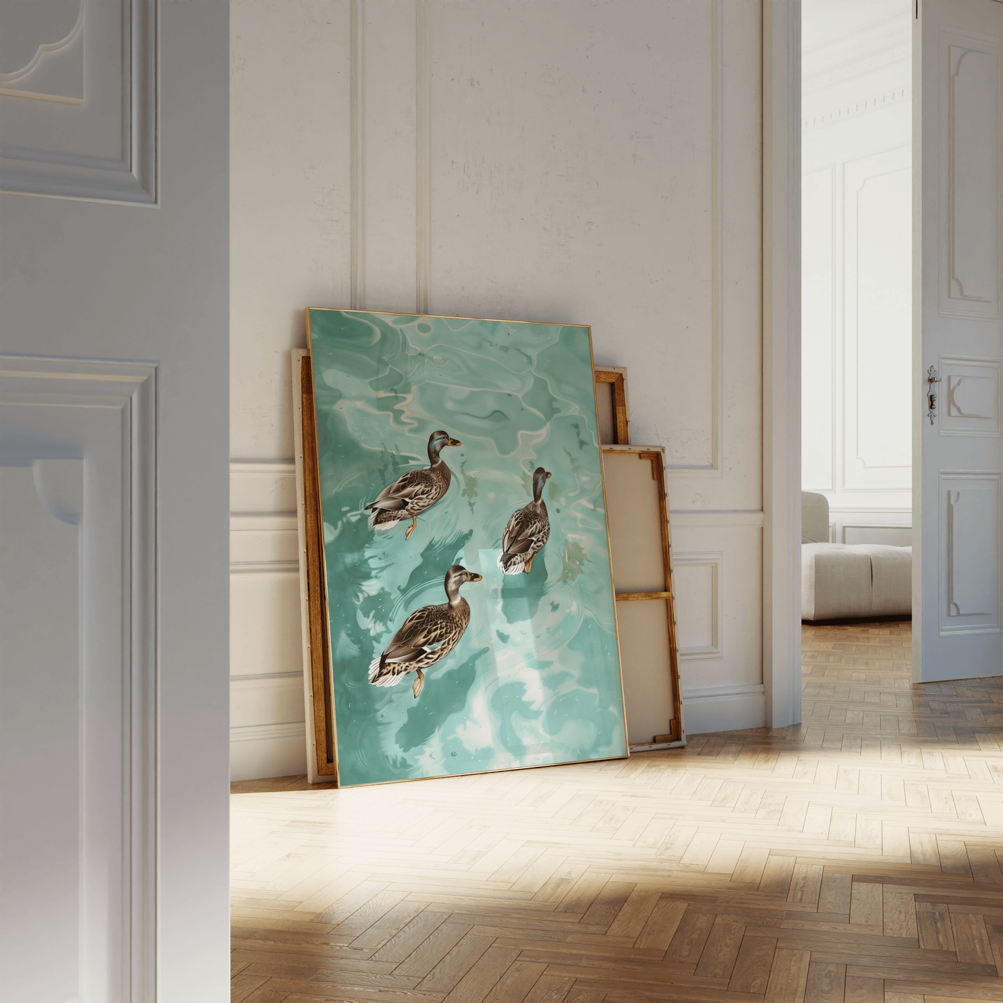 Paw Prints painting of three Cayuga ducks swimming in crystal clear water, leaning against a white bathroom wall.