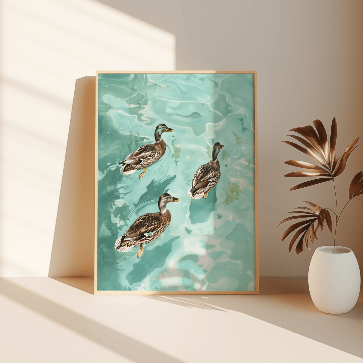 Paw Prints painting of three Cayuga ducks swimming in crystal clear water, leaning against the bedroom floor.