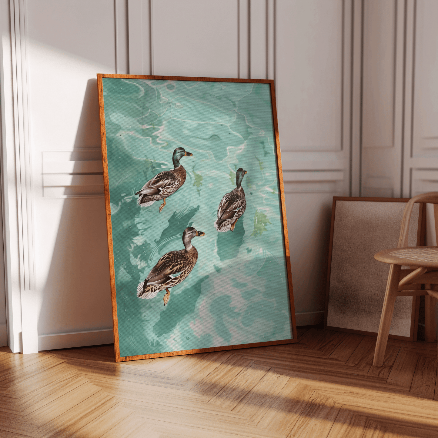 Painting of three Cayuga ducks swimming in crystal clear water, in a white Victorian hallway in view of natural sunlight.