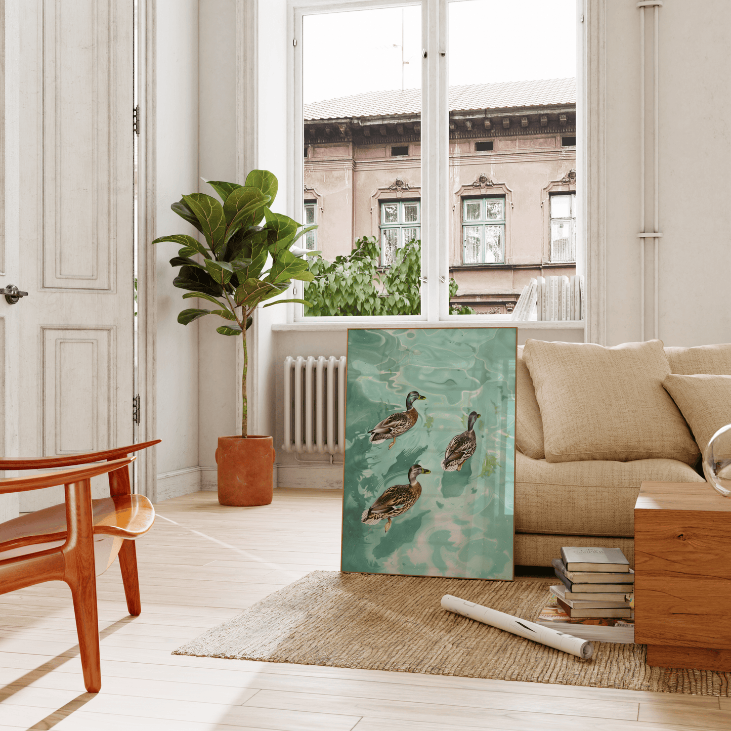Paw Prints painting of three Cayuga ducks swimming in crystal clear water, leaning on a couch in the living room.