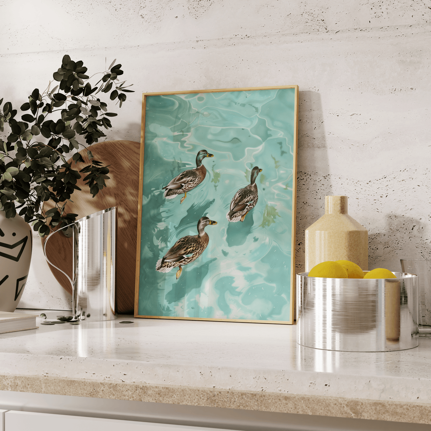 Paw Prints painting of three Cayuga ducks swimming in crystal clear water, leaning against the kitchen counter.