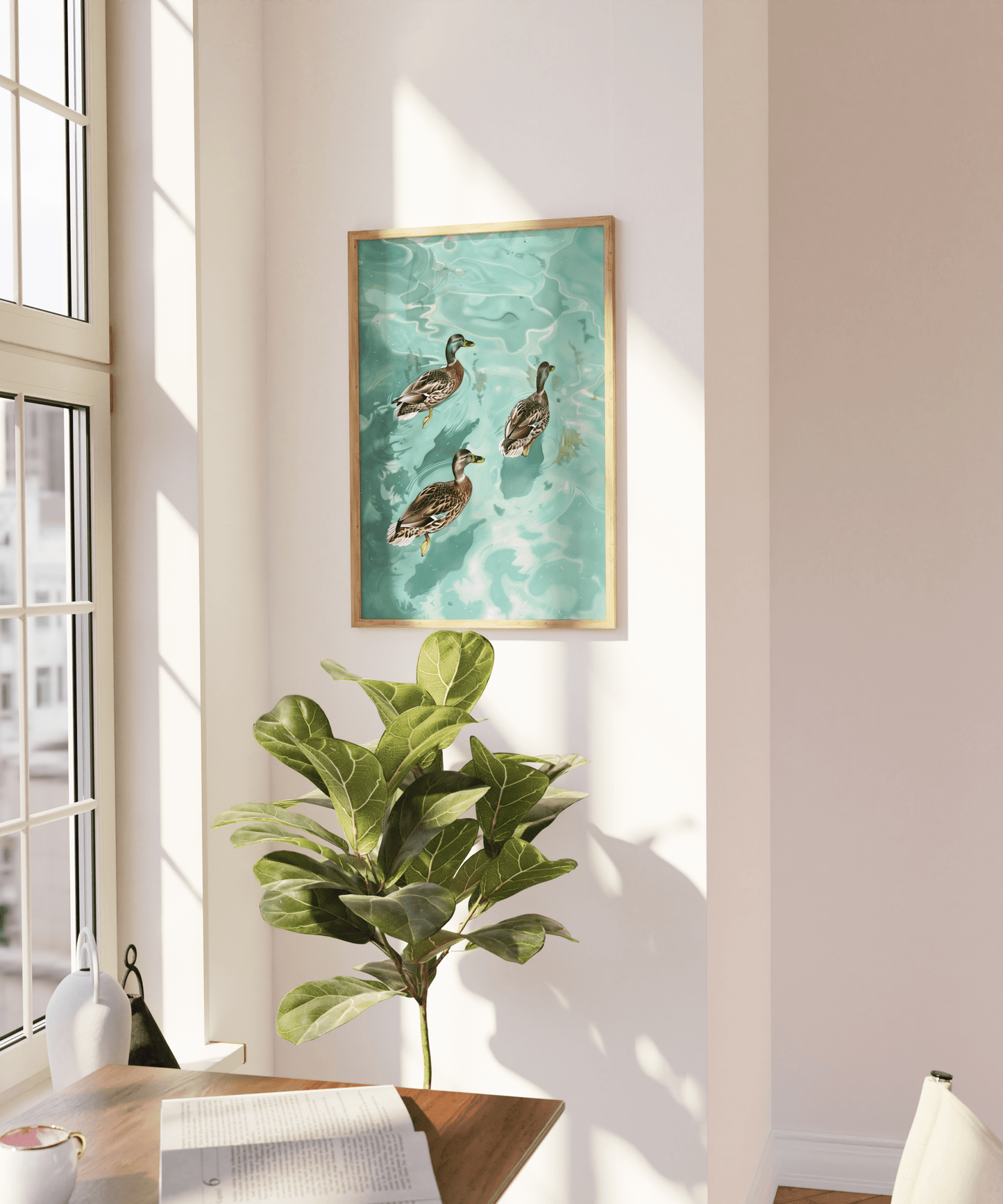 Paw Prints framed painting of three Cayuga ducks swimming in crystal clear water, on a blank wall.