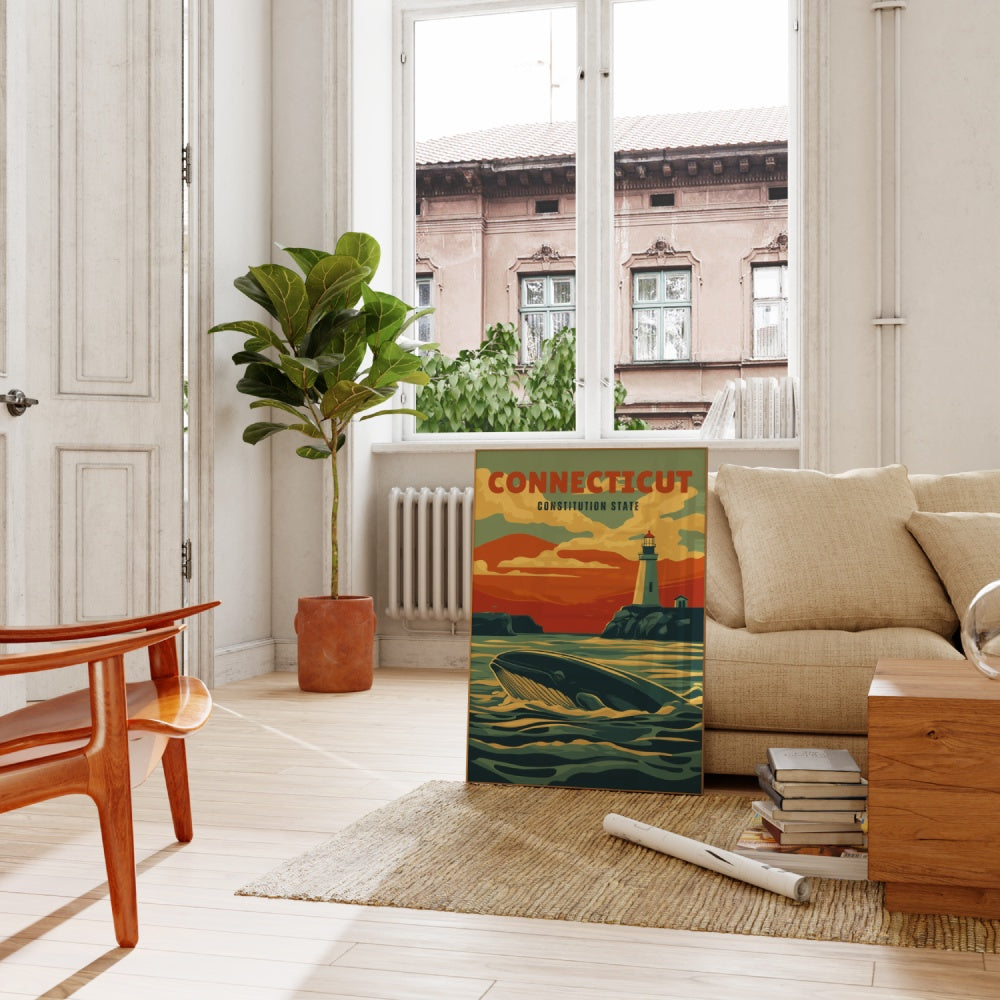 "Connecticut", a vintage travel poster, featuring a Sperm Whale swimming by the ports of the Connecticut river.