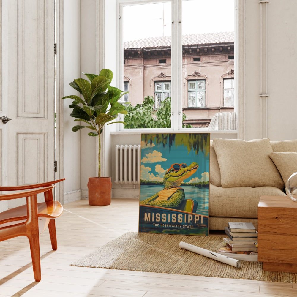 "Mississippi", a vintage travel poster, featuring an alligator riding in the swamps of Mississippi on an airboat and wearing sunglasses