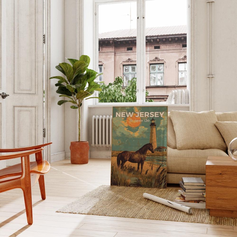 A vintage travel poster of New Jersey, featuring a horse standing on the shores of New Jersey