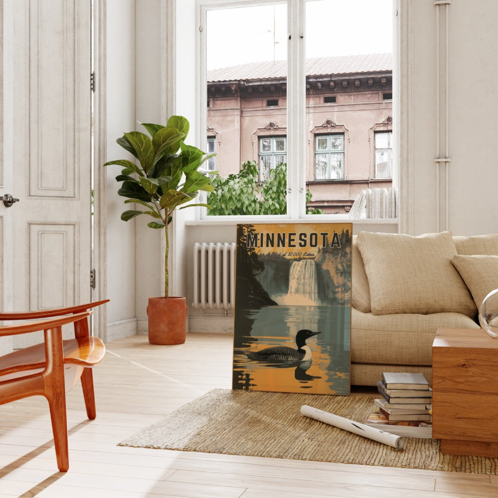 "Minnesota", a vintage travel poster, featuring a common loon swimming in a calm lake in the Gooseberry Falls State Park