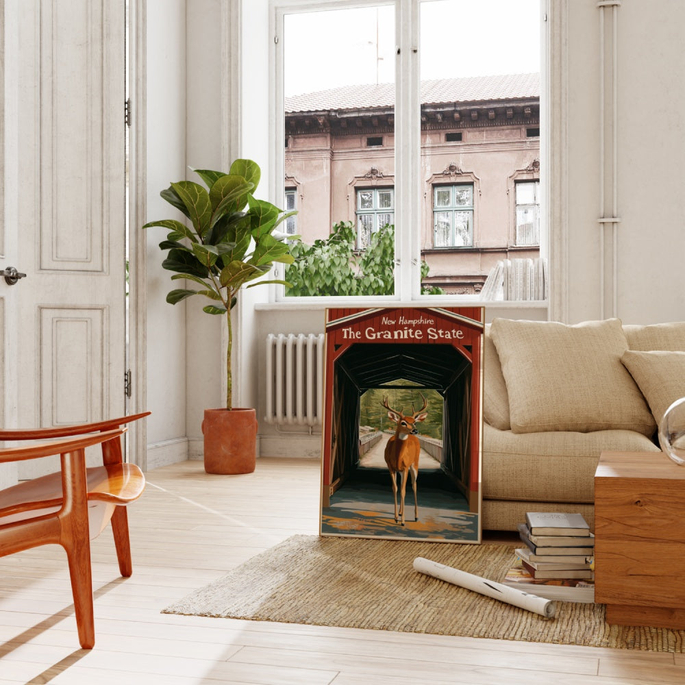 "New Hampshire", a vintage travel poster, featuring a white-tail deer in front of a covered bridge