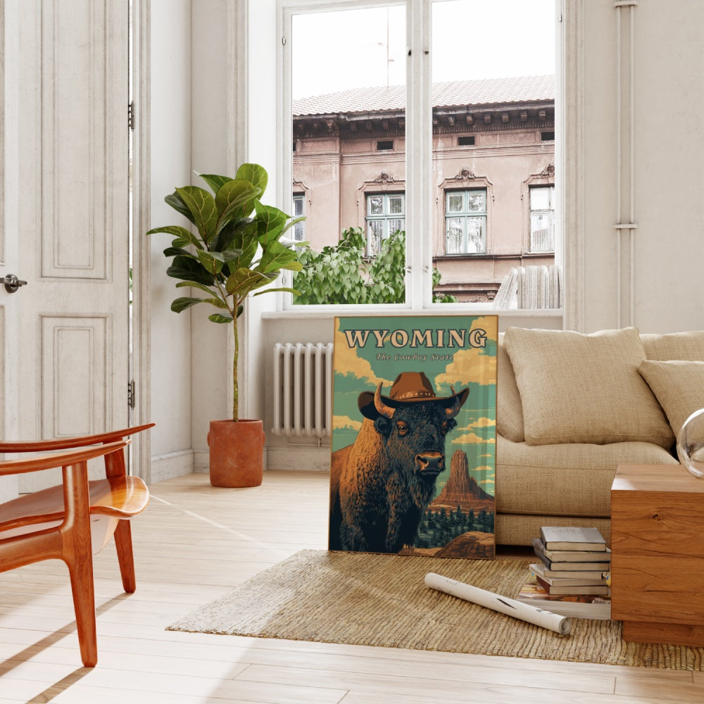 "Wyoming", a vintage travel poster, featuring a bison standing in front of the Devils Tower