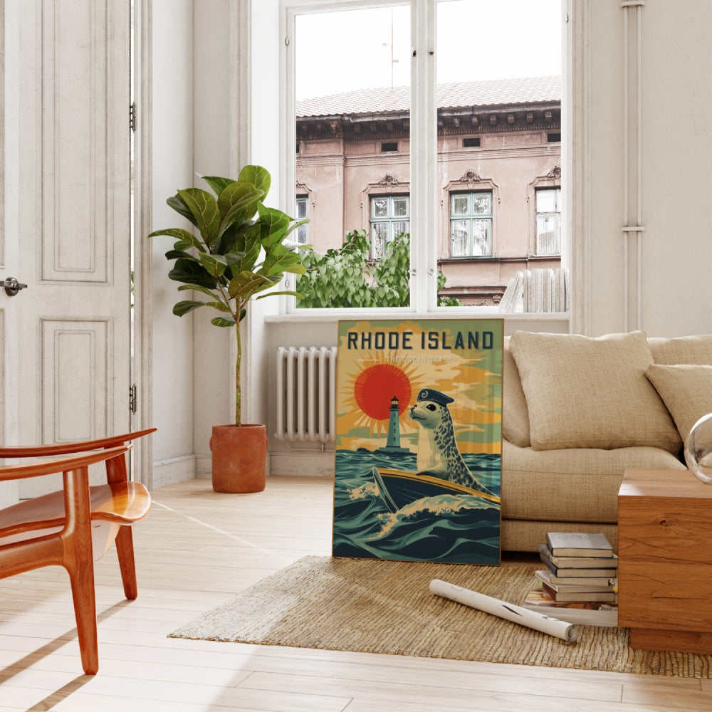 "Rhode Island", a vintage travel poster, featuring a harbor seal sailing on a mini yacht