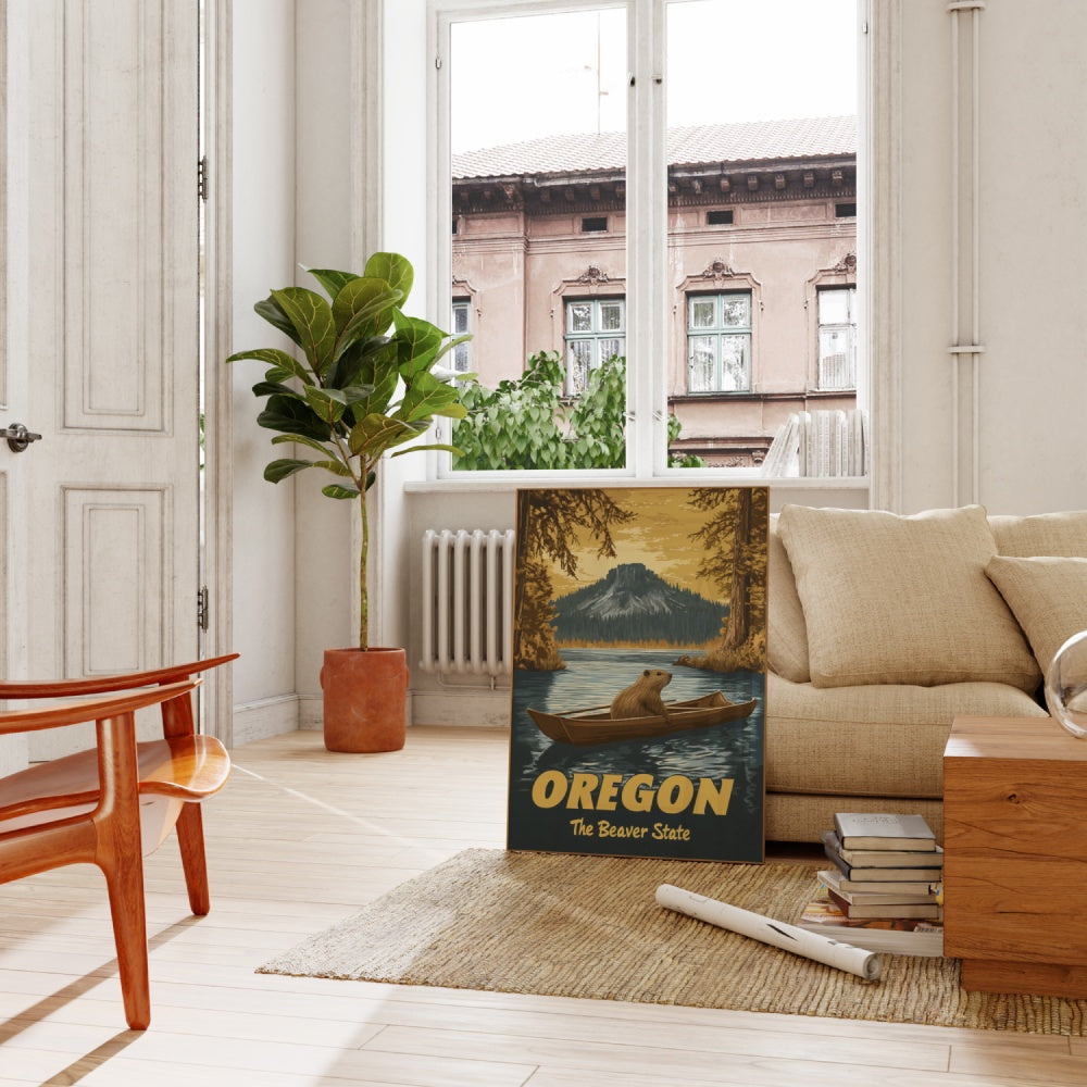 "Oregon", a vintage travel poster, featuring a beaver inside of a rowboat in the lakes of the Crater Lake National Park in Oregon