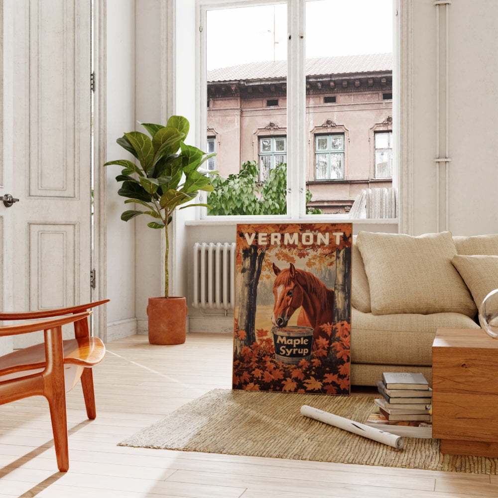 "Vermont", a vintage travel poster, featuring a Morgan Horse drinking maple syrup out of a bucket in the fall forests of Vermont