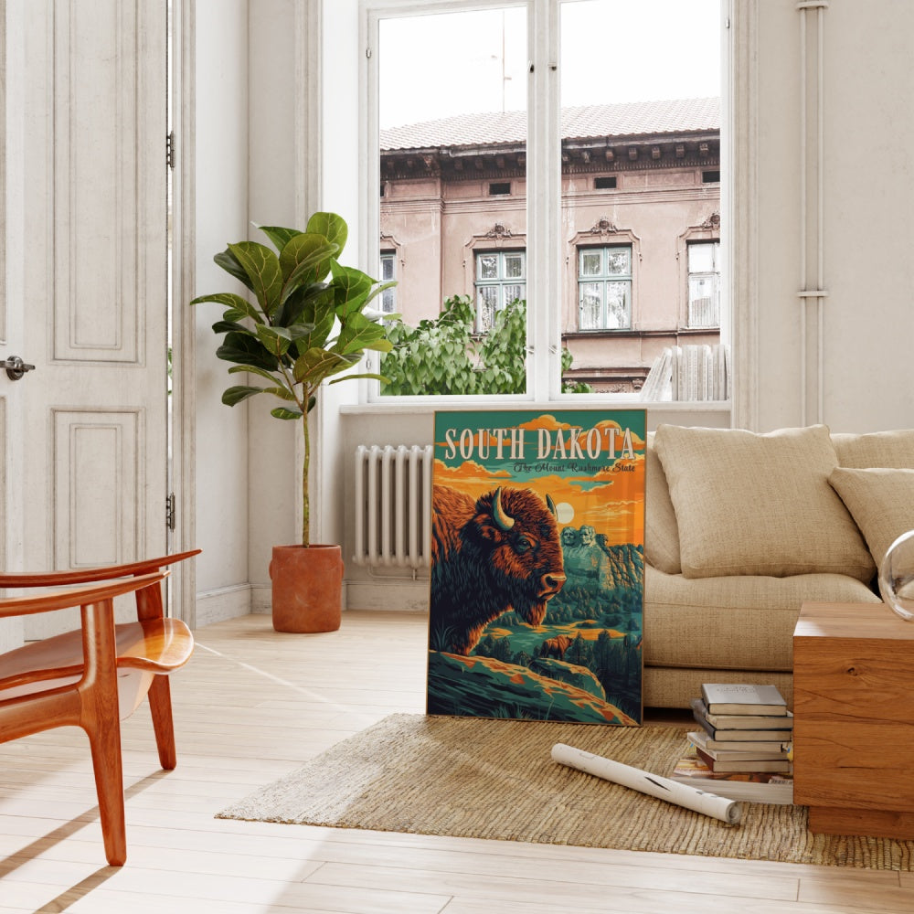 "South Dakota", a vintage travel poster, featuring a bison in front of Mount Rushmore