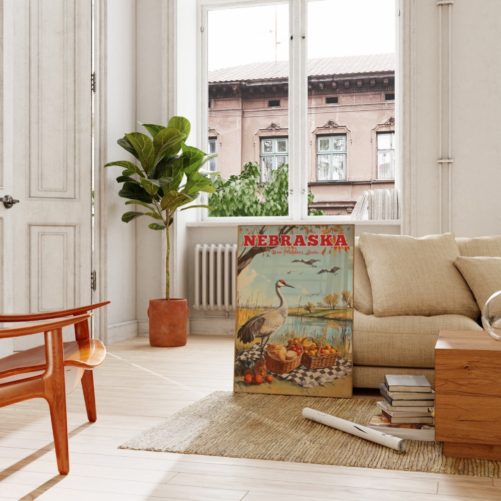 "Nebraska", a vintage travel poster, featuring a Sandhill Crane having a picnic in autumn Nebraska by a lake
