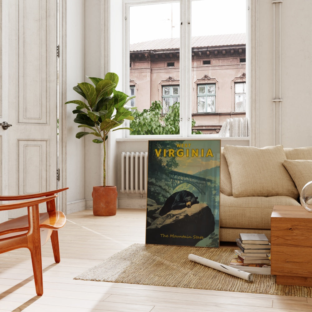 "West Virginia", a vintage travel poster, featuring a black bear taking a nap underneath the new river gorge national park bridge