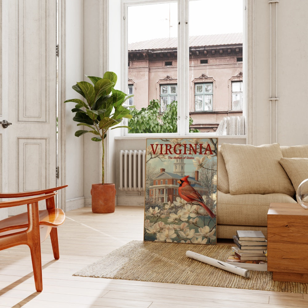 a vintage travel poster, featuring a Virginia Northern Cardinal perched on a tree of dogwood and magnolia flowers