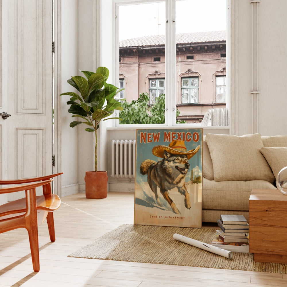 "New Mexico", a vintage travel poster, featuring a wolf wearing a sombrero running through the white sands of New Mexico