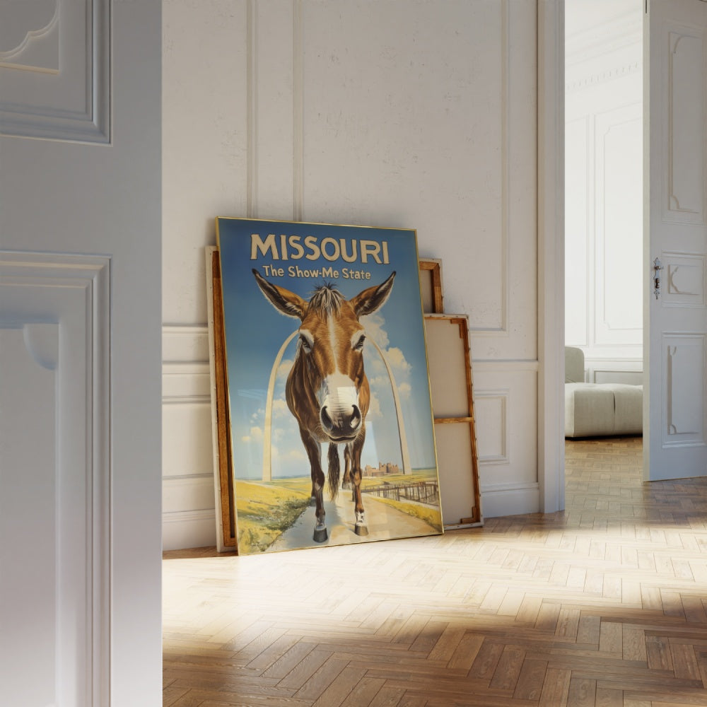 "Missouri", a vintage travel poster, featuring a Missouri Mule standing in front of the The Gateway Arch