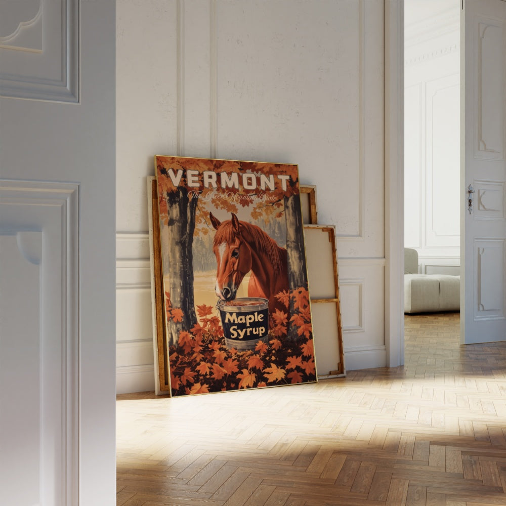 "Vermont", a vintage travel poster, featuring a Morgan Horse drinking maple syrup out of a bucket in the fall forests of Vermont