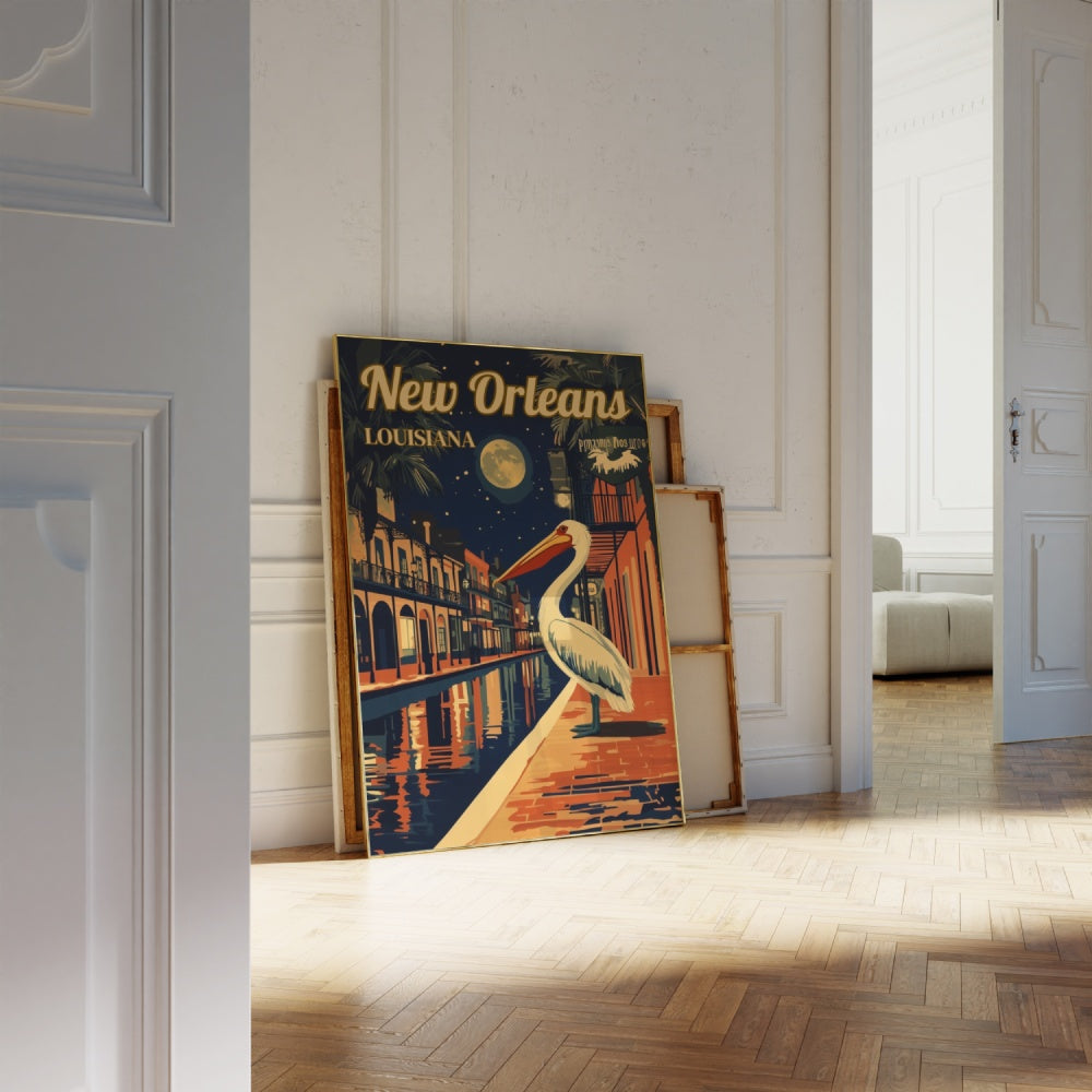 "New Orleans", a vintage travel poster, featuring a pelican standing on the streets of the French Quarter in New Orleans