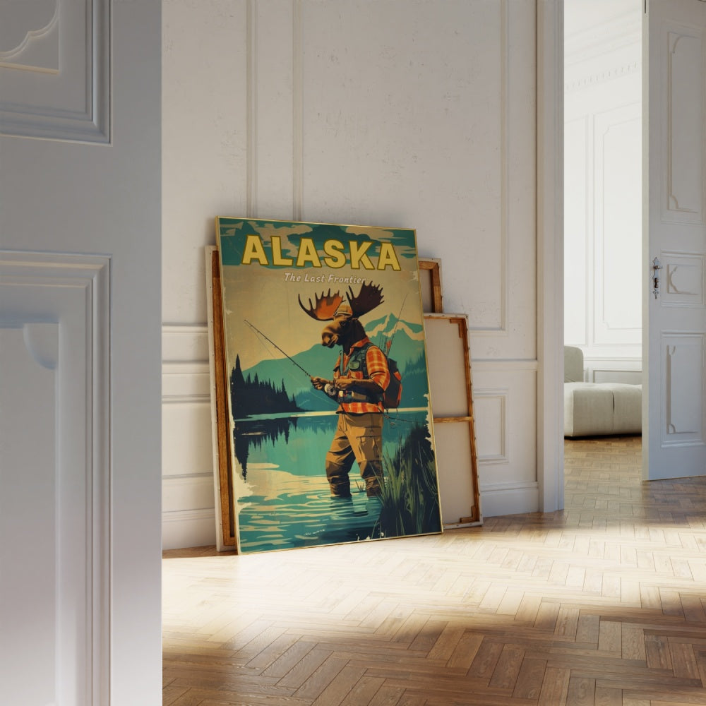 "Alaska", a vintage travel poster, featuring a Moose wearing fishing gear and hip waders, fly fishing at an Alaskan river