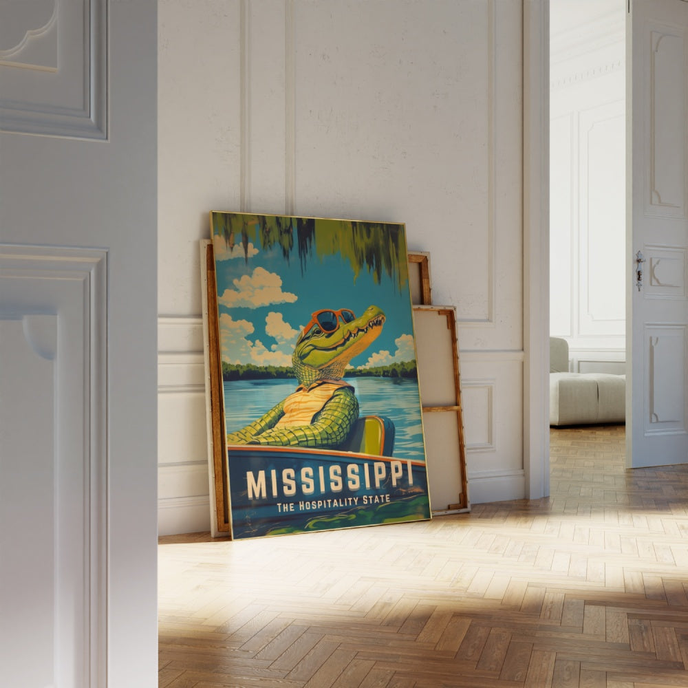 "Mississippi", a vintage travel poster, featuring an alligator riding in the swamps of Mississippi on an airboat and wearing sunglasses