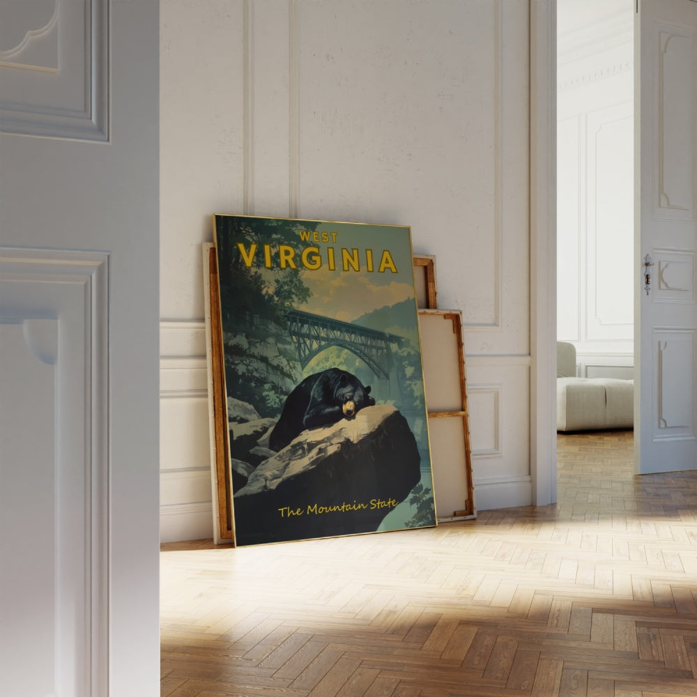 "West Virginia", a vintage travel poster, featuring a black bear taking a nap underneath the new river gorge national park bridge