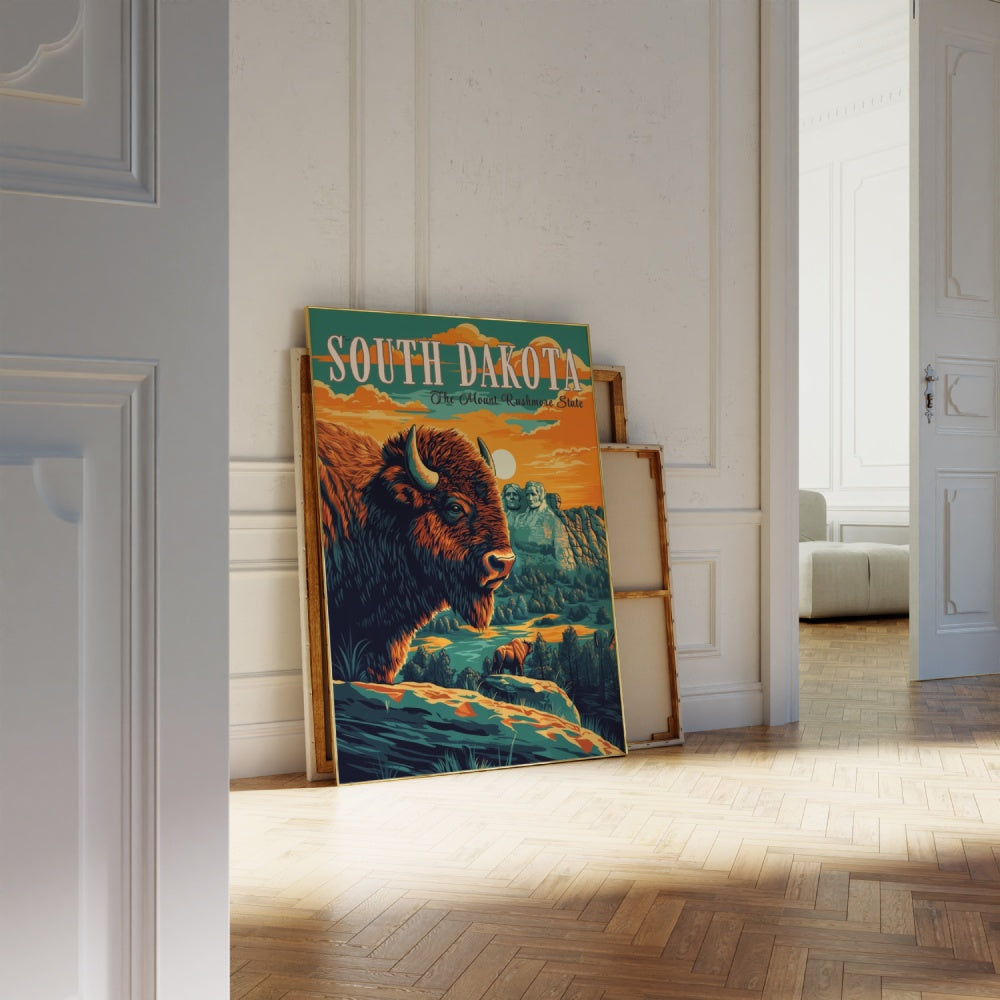 "South Dakota", a vintage travel poster, featuring a bison in front of Mount Rushmore
