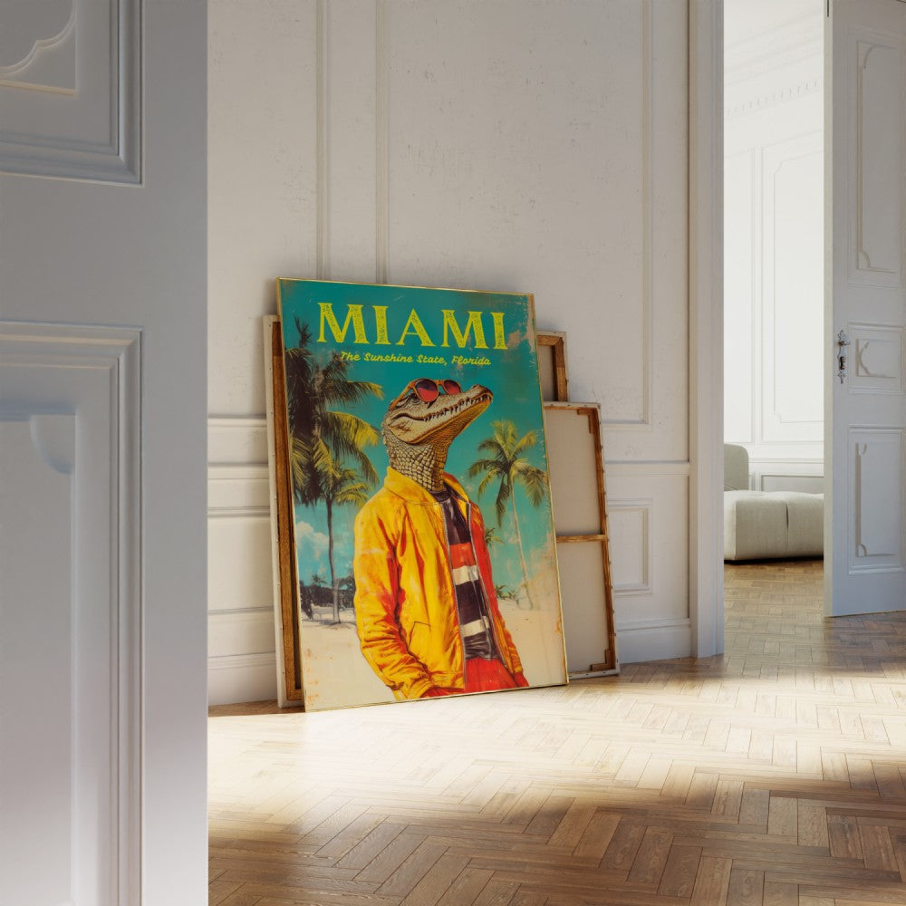 Vintage Travel poster of Miami Florida, featuring a crocodile wearing a tracksuit on Miami Beach.