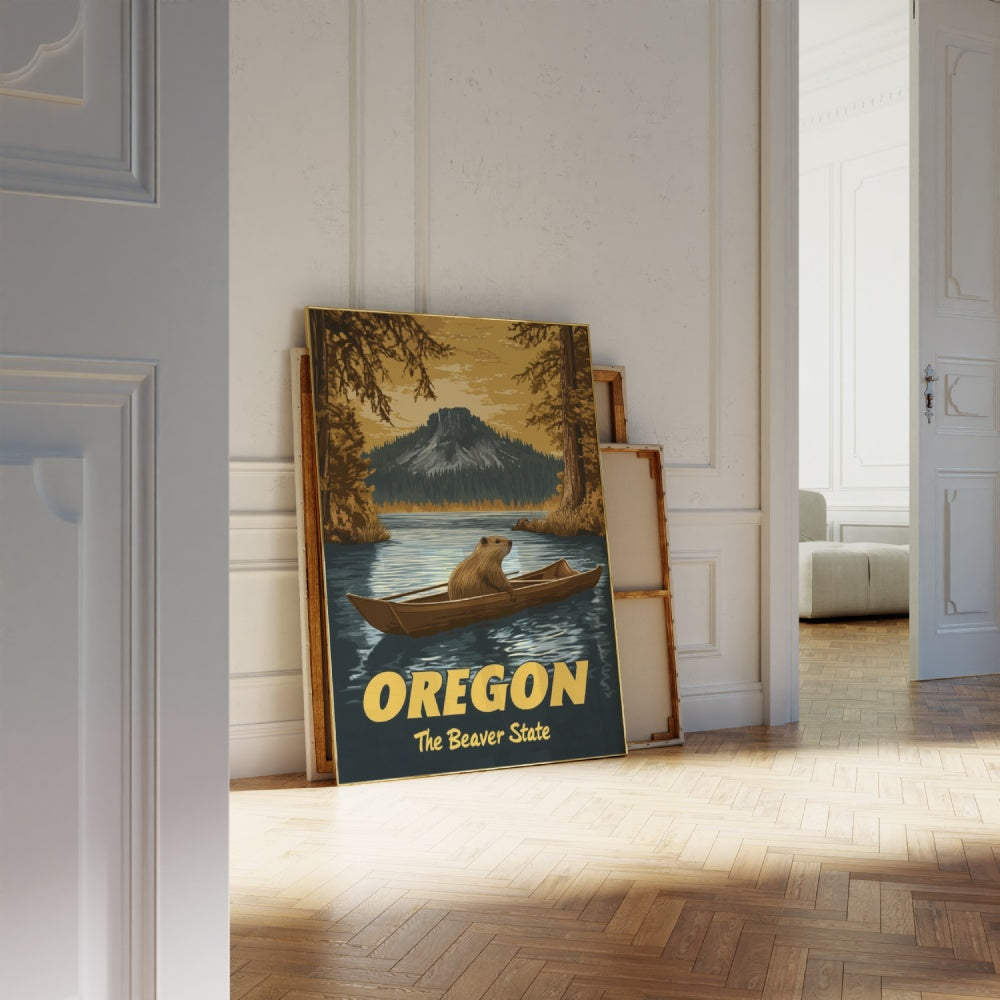 "Oregon", a vintage travel poster, featuring a beaver inside of a rowboat in the lakes of the Crater Lake National Park in Oregon