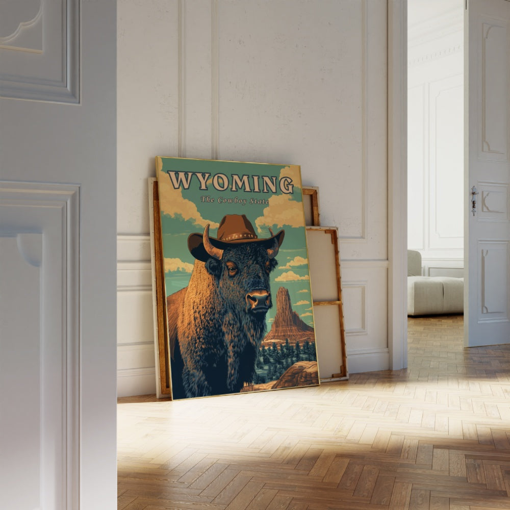 "Wyoming", a vintage travel poster, featuring a bison standing in front of the Devils Tower