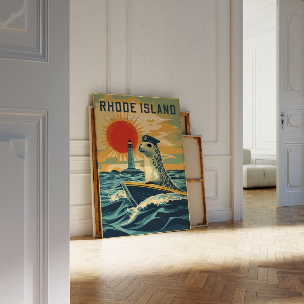 "Rhode Island", a vintage travel poster, featuring a harbor seal sailing on a mini yacht