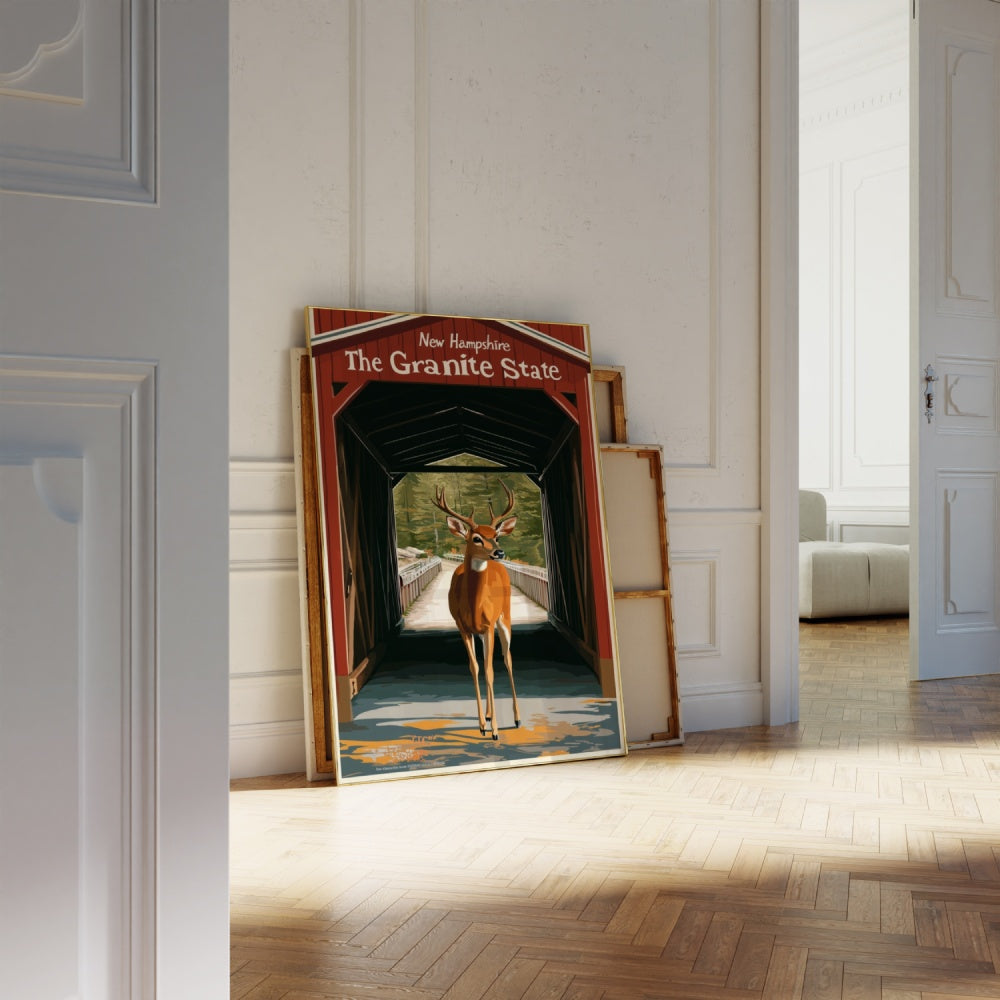 "New Hampshire", a vintage travel poster, featuring a white-tail deer in front of a covered bridge