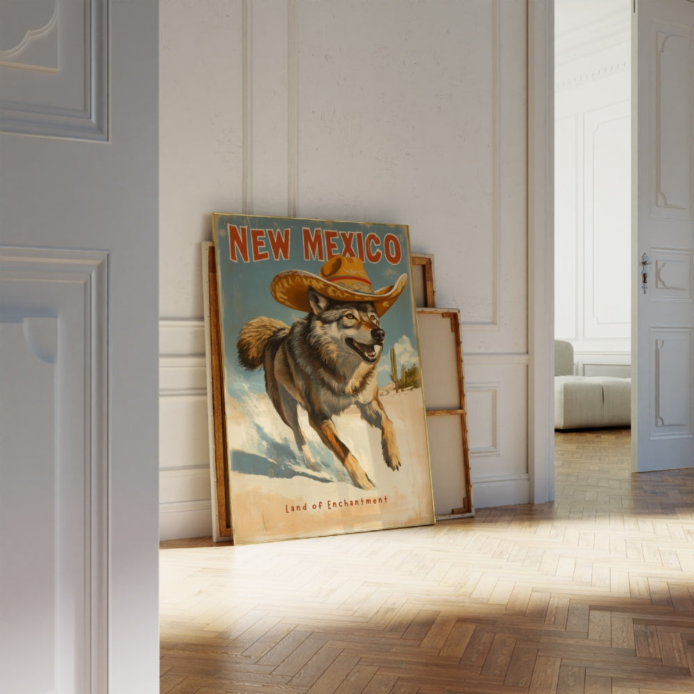 "New Mexico", a vintage travel poster, featuring a wolf wearing a sombrero running through the white sands of New Mexico