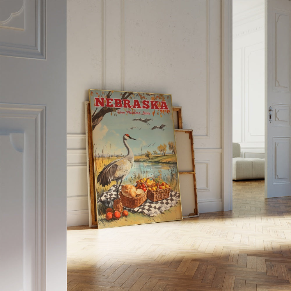 "Nebraska", a vintage travel poster, featuring a Sandhill Crane having a picnic in autumn Nebraska by a lake