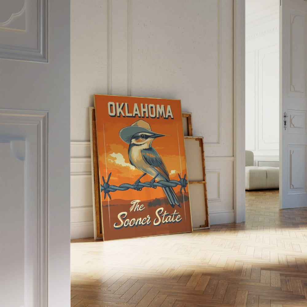 "Oklahoma", a vintage travel poster, featuring a Scissor-tailed flycatcher perched on a barbwire wearing a cowboy hat