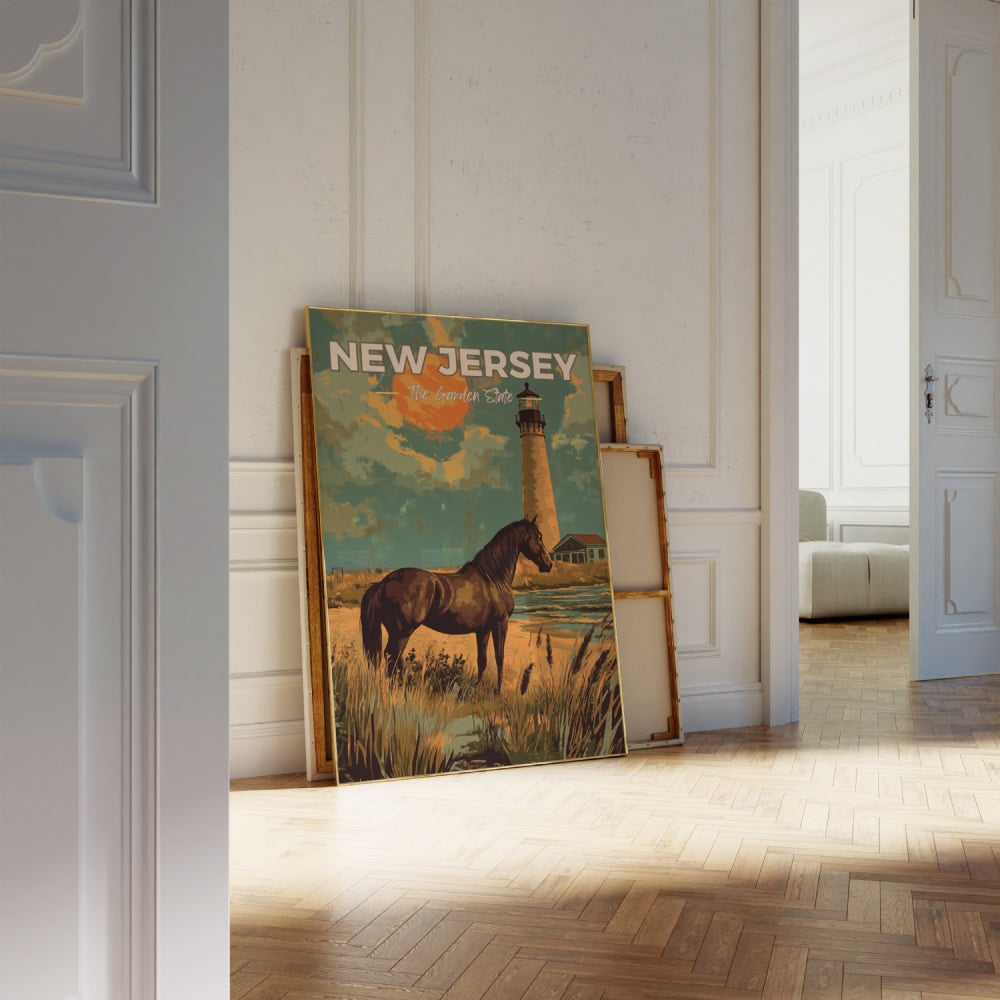 A vintage travel poster of New Jersey, featuring a horse standing on the shores of New Jersey