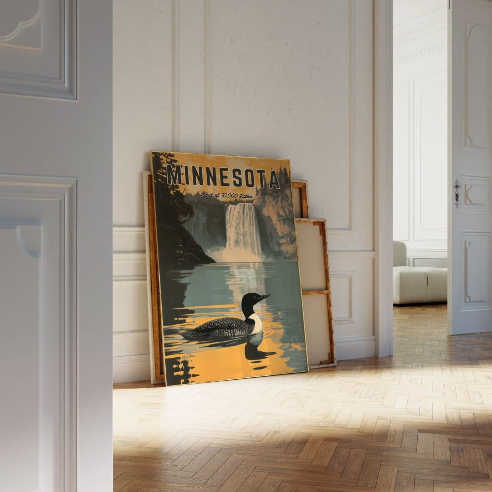 "Minnesota", a vintage travel poster, featuring a common loon swimming in a calm lake in the Gooseberry Falls State Park
