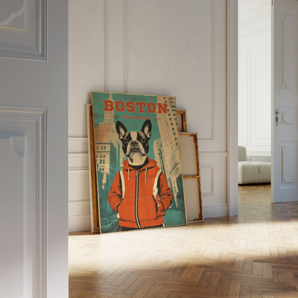 A vintage travel poster of Boston, featuring a Boston Terrier dressed in a retro tracksuit in downtown Boston